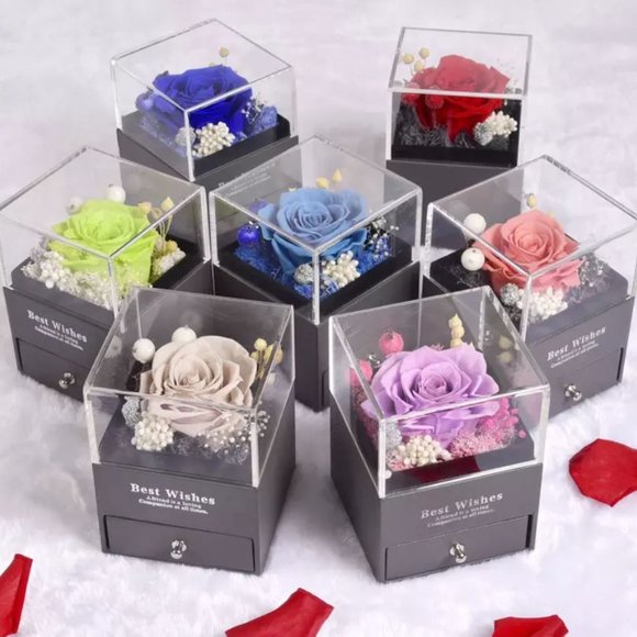 Preserved Rose In a Acrylic Box with Silver Plated October Birthstone Necklace - Picture 12 of 15